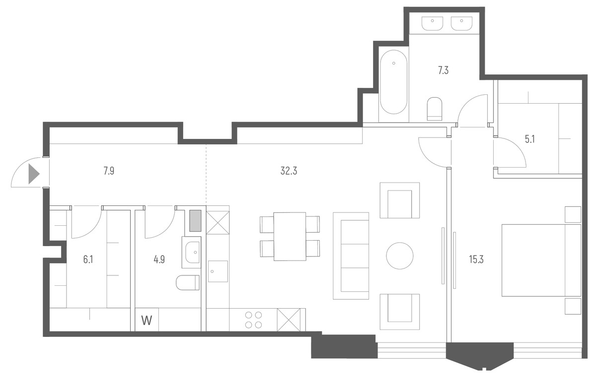 Планировка евродвушка (2Е) 78.9 м² в ЖК «Веспер Кутузовский», корпус 8