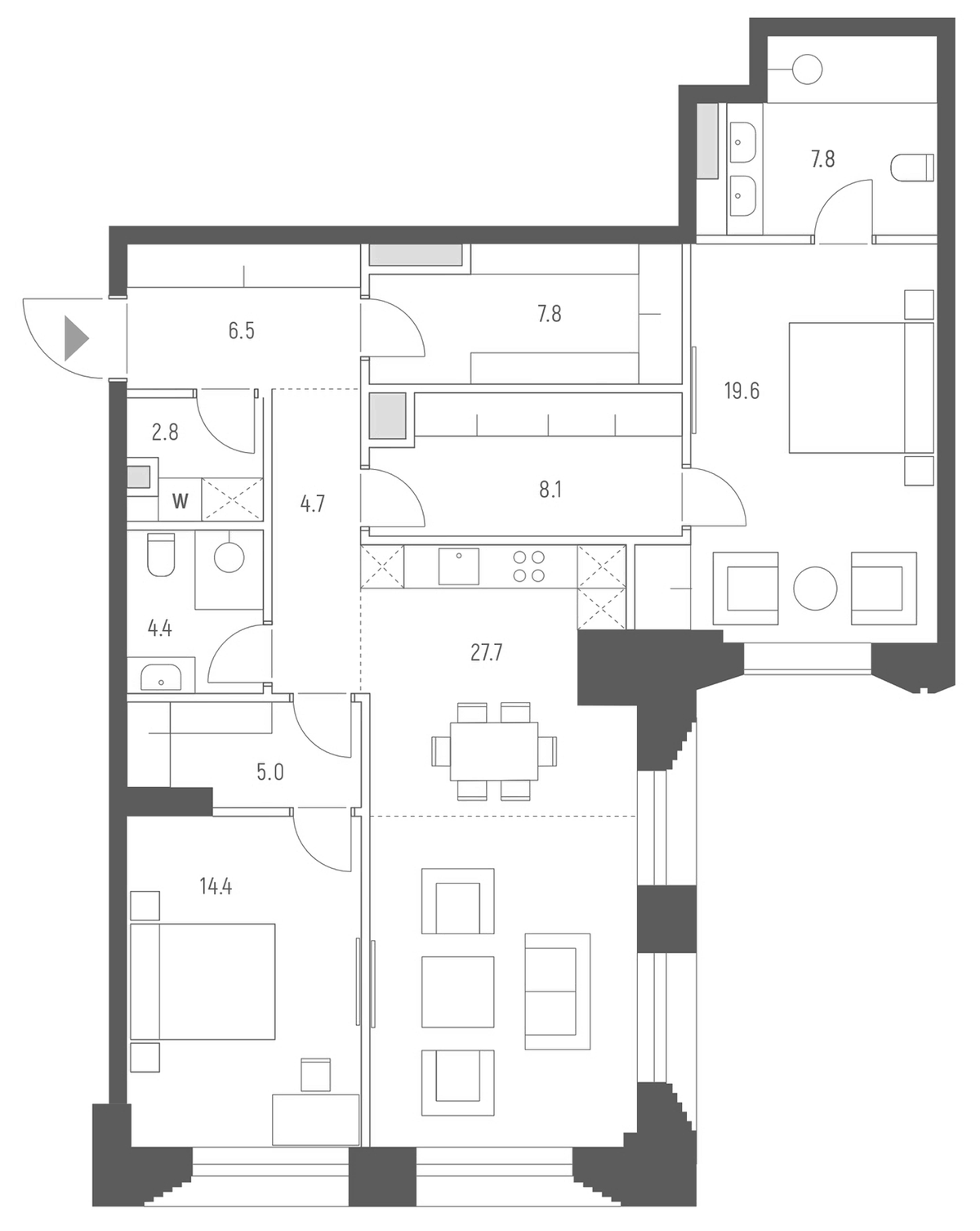 Планировка евротрёшка (3Е) 108.8 м² в ЖК «Веспер Кутузовский», корпус 8