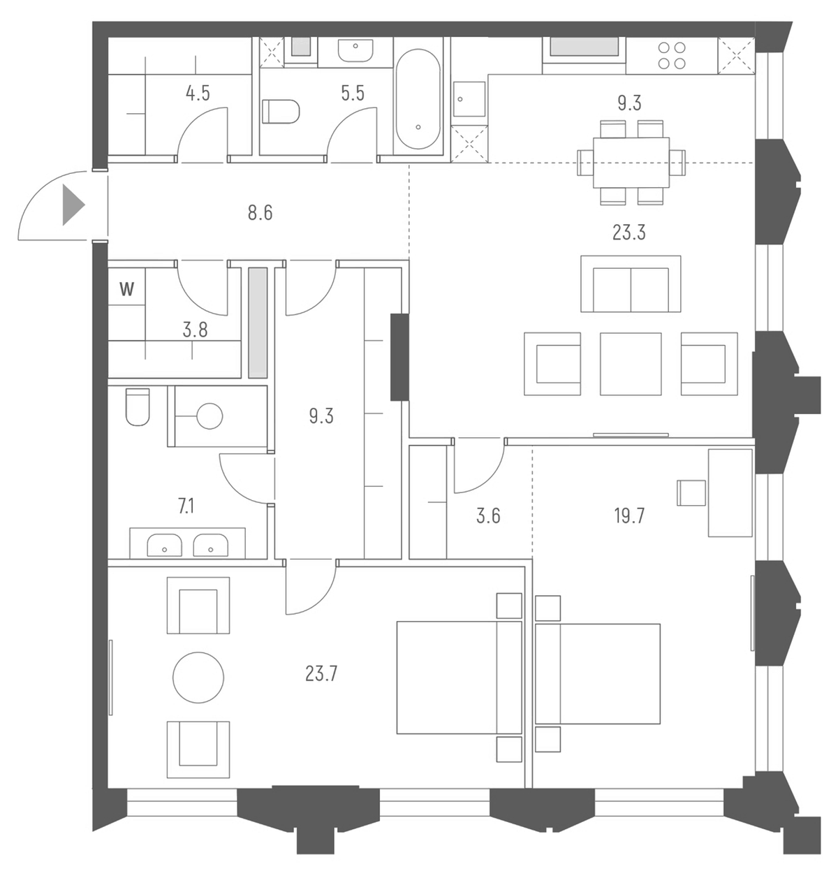 Планировка евротрёшка (3Е) 118.5 м² в ЖК «Веспер Кутузовский», корпус 8