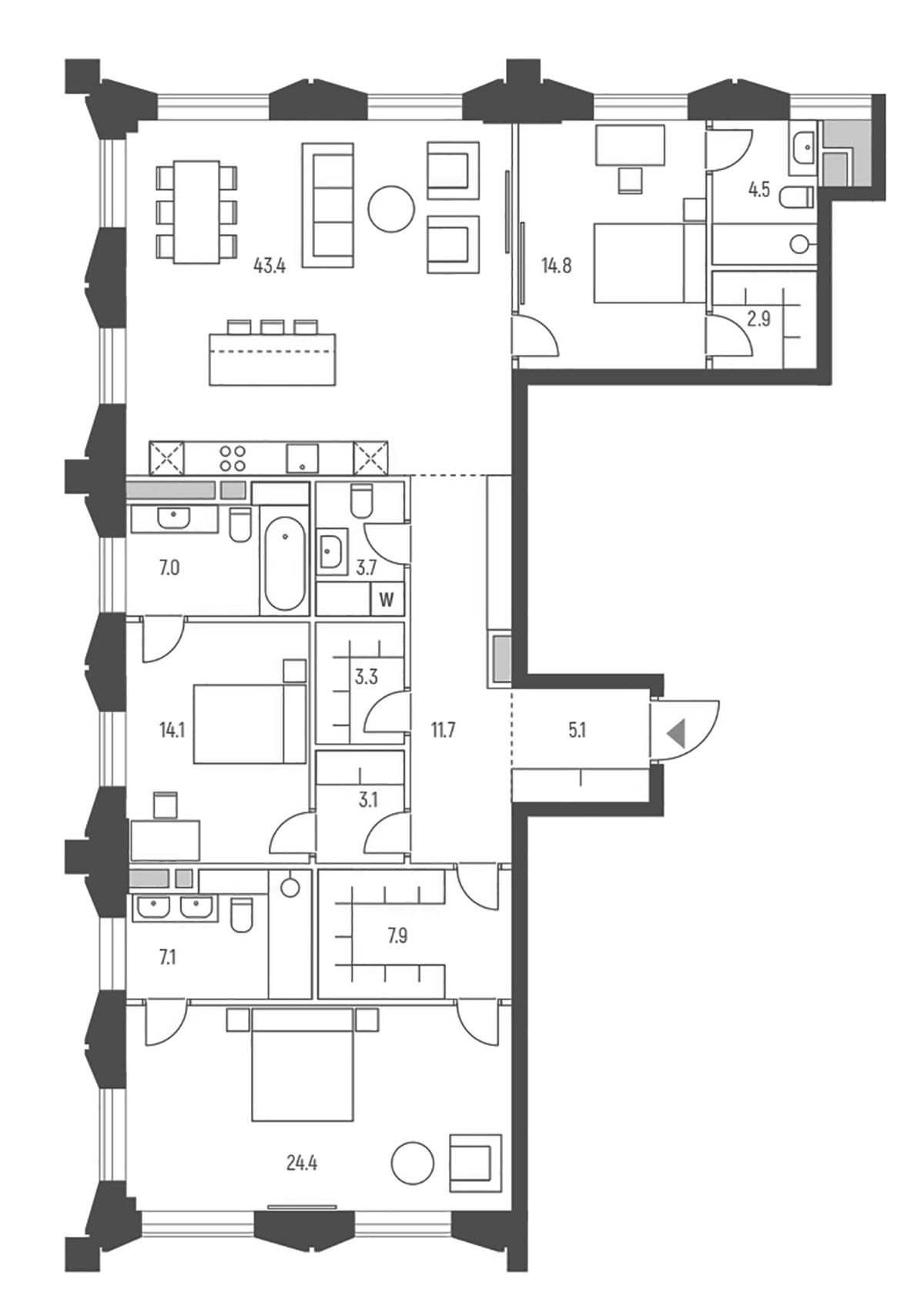 Планировка евро-4 (4Е) 153 м² в ЖК «Веспер Кутузовский», корпус 10