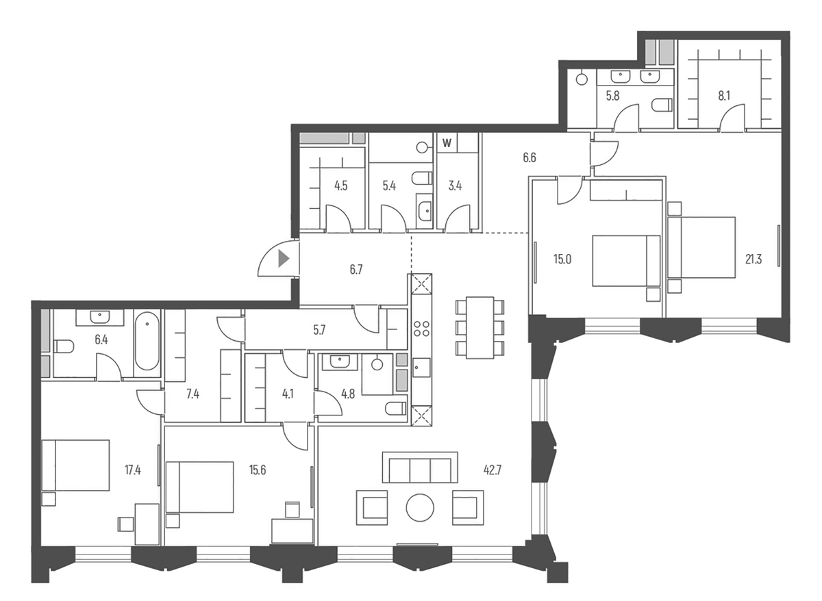 Планировка 5Е-к.кв 180.9 м² в ЖК «Веспер Кутузовский», корпус 10