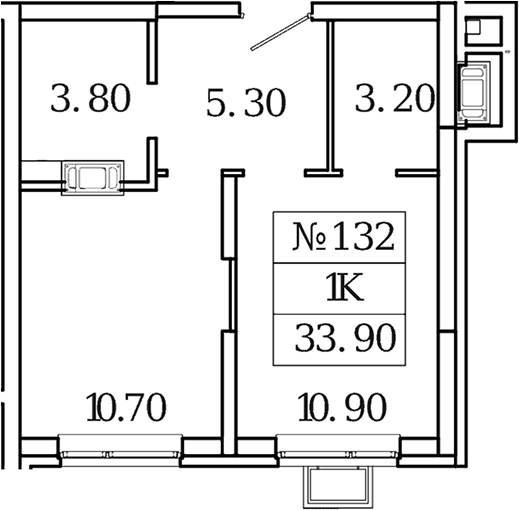 Планировка однокомнатная 33.9 м² в ЖК «Видный Берег 2.0», корпус 3