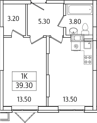 Планировка однокомнатная 39.3 м² в ЖК «Видный Берег 2.0», корпус 5