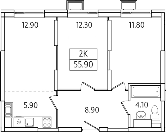 Планировка двухкомнатная 55.9 м² в ЖК «Видный Берег 2.0», корпус 6