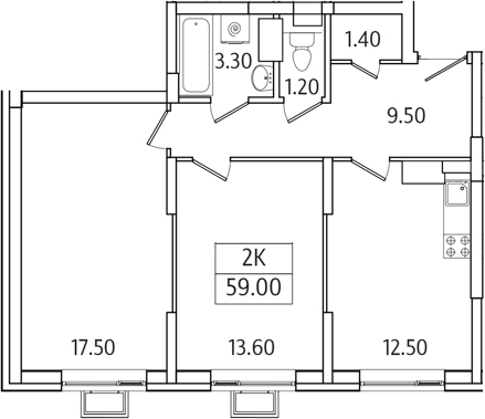 Планировка двухкомнатная 59 м² в ЖК «Видный Берег 2.0», корпус 6
