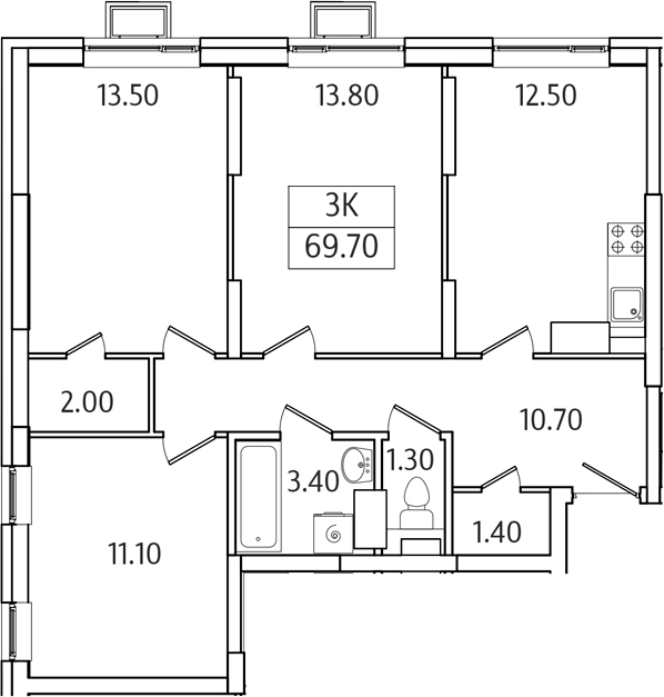 Планировка трёхкомнатная 69.7 м² в ЖК «Видный Берег 2.0», корпус 6