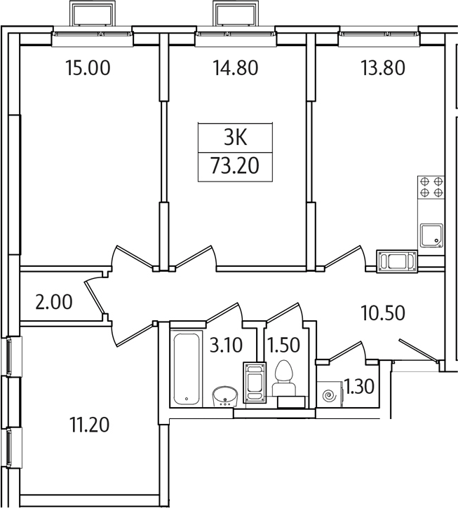 Планировка трёхкомнатная 73.2 м² в ЖК «Видный Берег 2.0», корпус 5