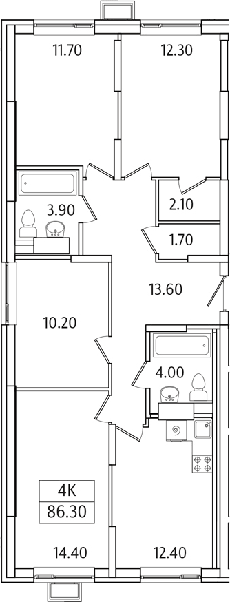 Планировка четырёхкомнатная 86.3 м² в ЖК «Видный Берег 2.0», корпус 6