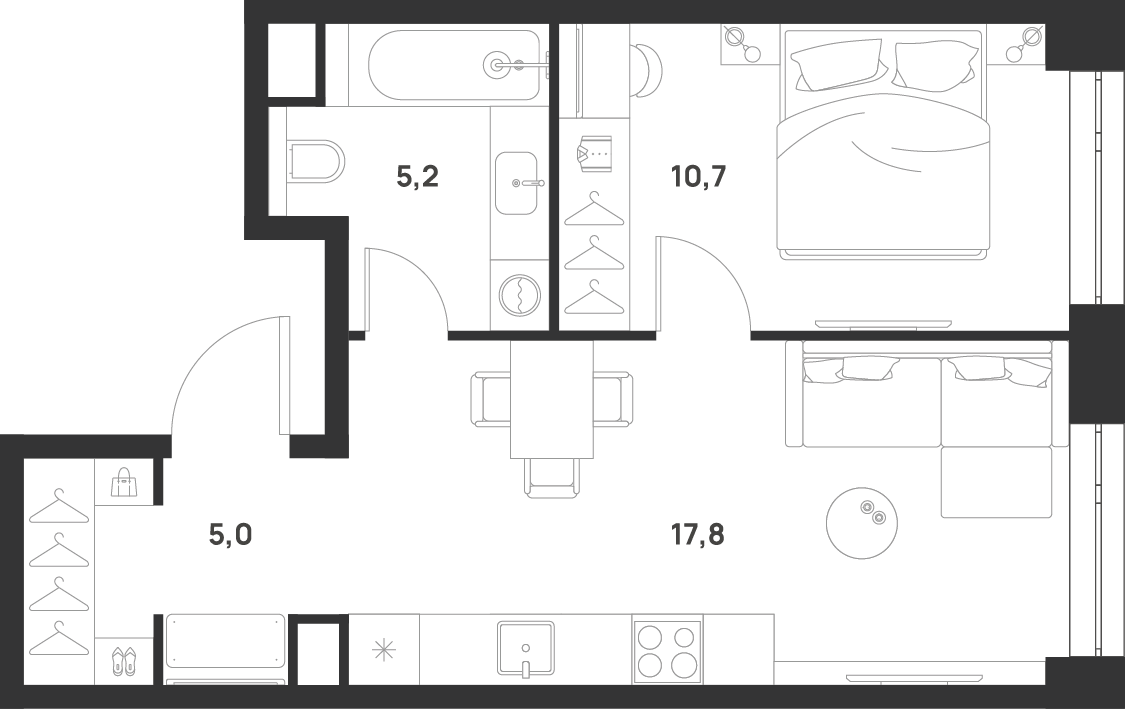 Планировка однокомнатная 38.7 м² в ЖК «ВОЙС», корпус 2