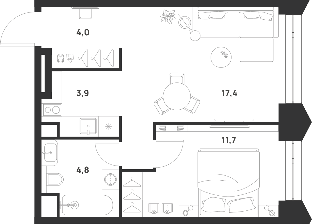 Планировка однокомнатная 41.8 м² в ЖК «ВОЙС», корпус 1
