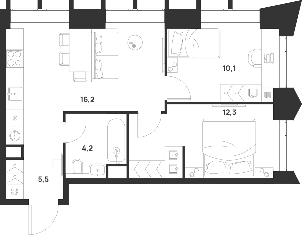 Планировка двухкомнатная 48.3 м² в ЖК «ВОЙС», корпус 1