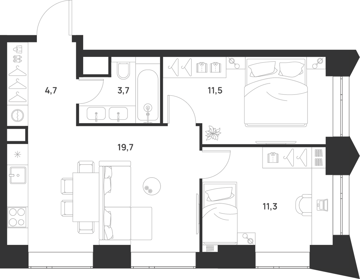 Планировка двухкомнатная 50.9 м² в ЖК «ВОЙС», корпус 1