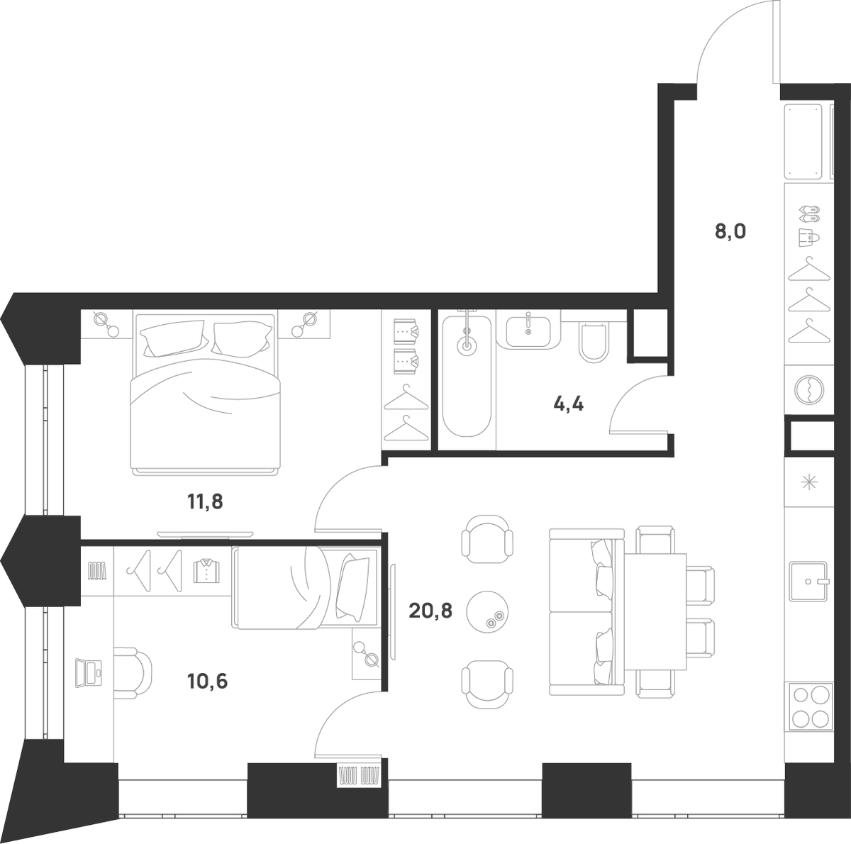 Планировка двухкомнатная 55.6 м² в ЖК «ВОЙС», корпус 1