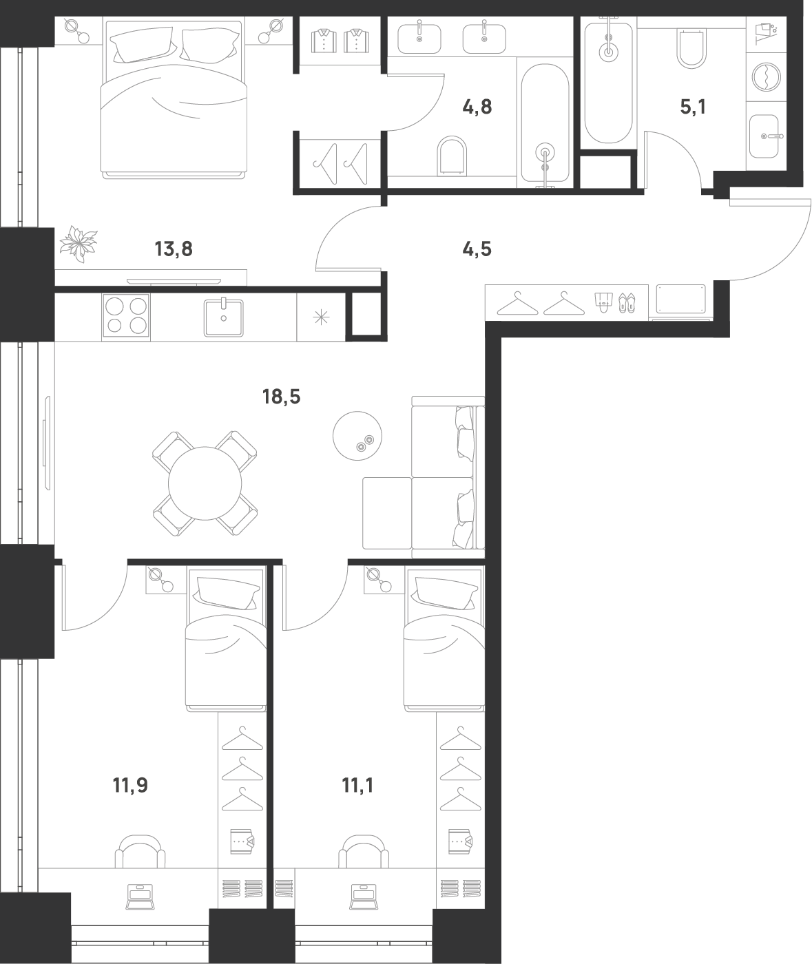 Планировка трёхкомнатная 69.7 м² в ЖК «ВОЙС», корпус 2