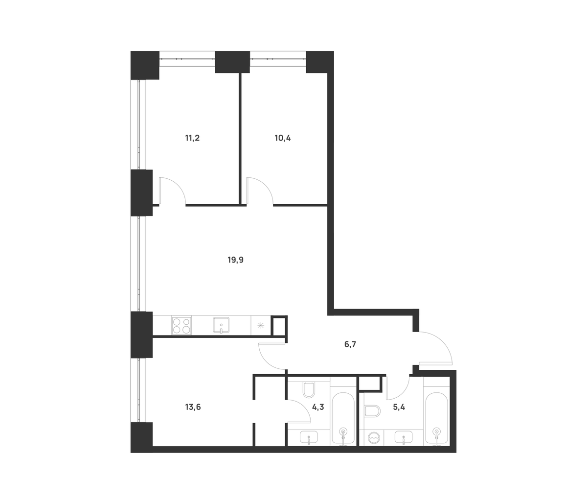 Планировка трёхкомнатная 71.5 м² в ЖК «ВОЙС», корпус 2