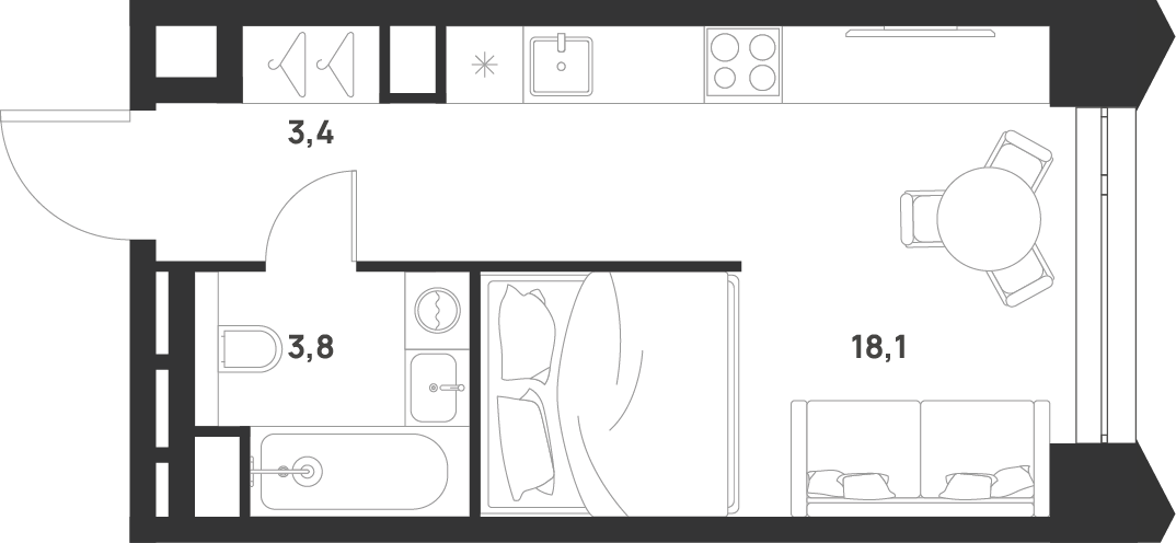 Планировка Студии 25.3 м² в ЖК «ВОЙС», корпус 1