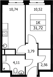 Планировка однокомнатная 31.72 м² в ЖК «Волковская 67», корпус 1