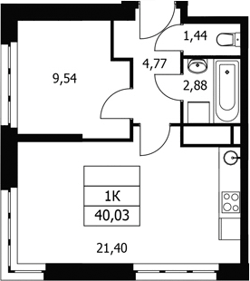 Планировка однокомнатная 40.03 м² в ЖК «Волковская 67», корпус 1