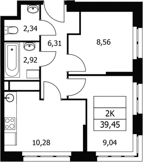 Планировка двухкомнатная 39.45 м² в ЖК «Волковская 67», корпус 1