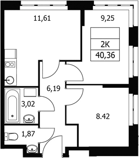 Планировка двухкомнатная 40.36 м² в ЖК «Волковская 67», корпус 1