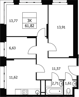 Планировка трёхкомнатная 61.82 м² в ЖК «Волковская 67», корпус 1