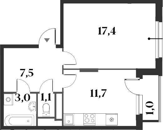 Планировка однокомнатная 41.7 м² в ЖК «Миниполис 8 Кленов», корпус 2