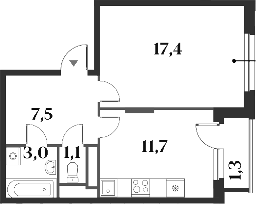 Планировка однокомнатная 42 м² в ЖК «Миниполис 8 Кленов», корпус 2