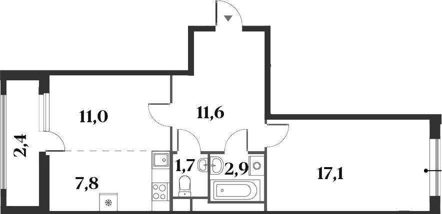 Планировка евродвушка (2Е) 54.5 м² в ЖК «Миниполис 8 Кленов», корпус 3