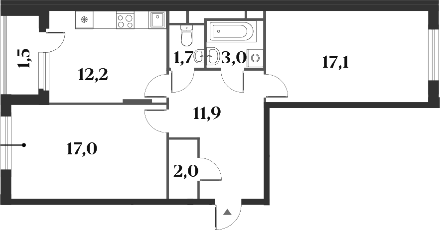 Планировка двухкомнатная 66.4 м² в ЖК «Миниполис 8 Кленов», корпус 3