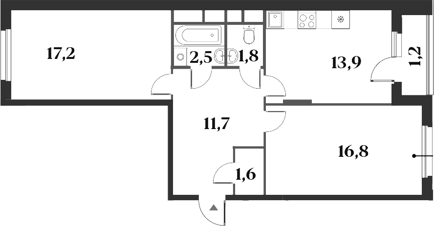 Планировка двухкомнатная 66.7 м² в ЖК «Миниполис 8 Кленов», корпус 2