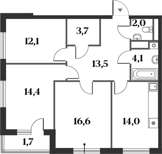 Планировка трёхкомнатная 82.1 м² в ЖК «Миниполис 8 Кленов», корпус 1