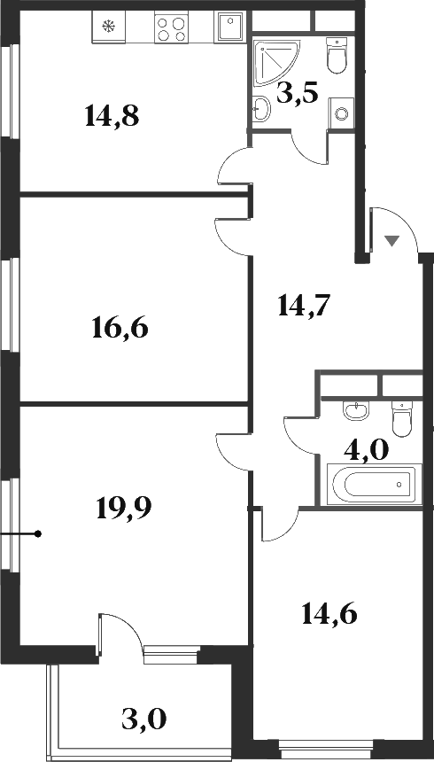 Планировка трёхкомнатная 91.1 м² в ЖК «Миниполис 8 Кленов», корпус 2