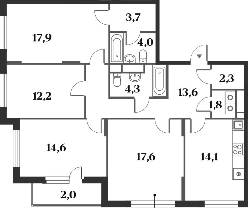 Планировка четырёхкомнатная 108.1 м² в ЖК «Миниполис 8 Кленов», корпус 3