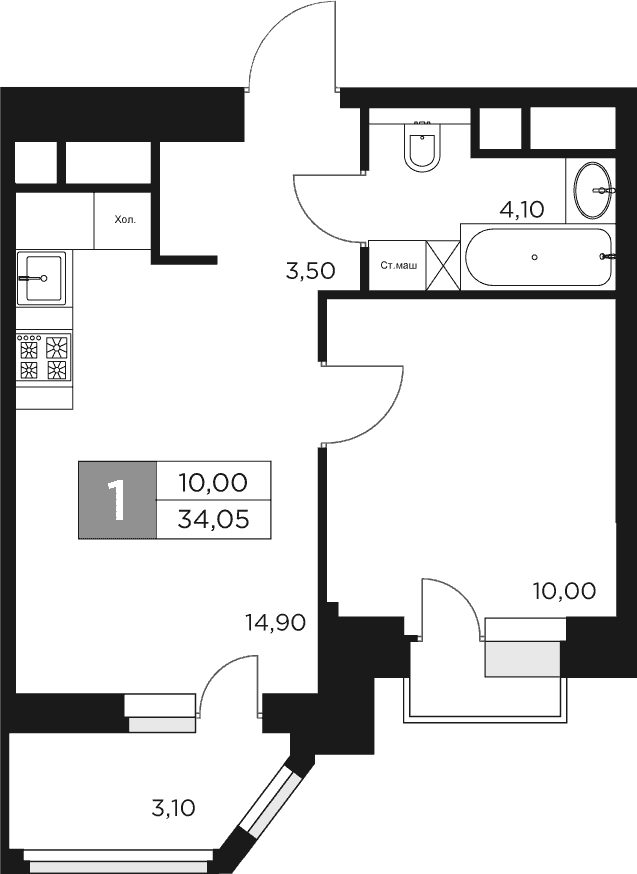 Планировка однокомнатная 34.05 м² в ЖК «Восток 2», корпус 7