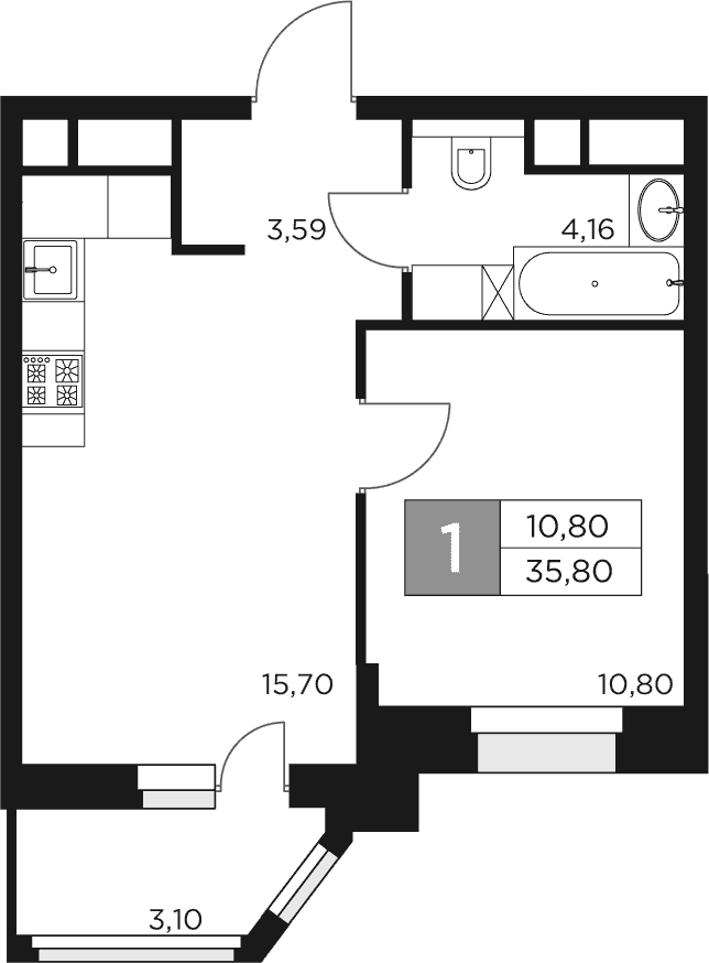 Планировка евродвушка (2Е) 35.8 м² в ЖК «Восток 2», корпус 7
