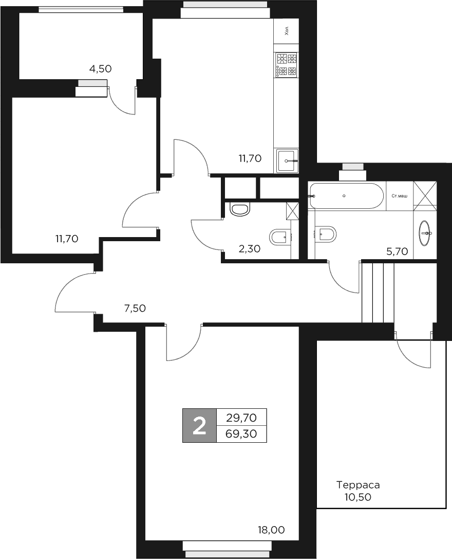 Планировка двухкомнатная 69.3 м² в ЖК «Восток 2», корпус 7