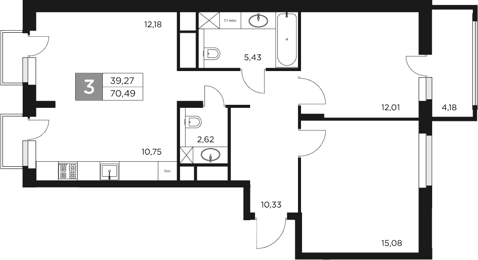 Планировка евротрёшка (3Е) 70.49 м² в ЖК «Восток 2», корпус 7