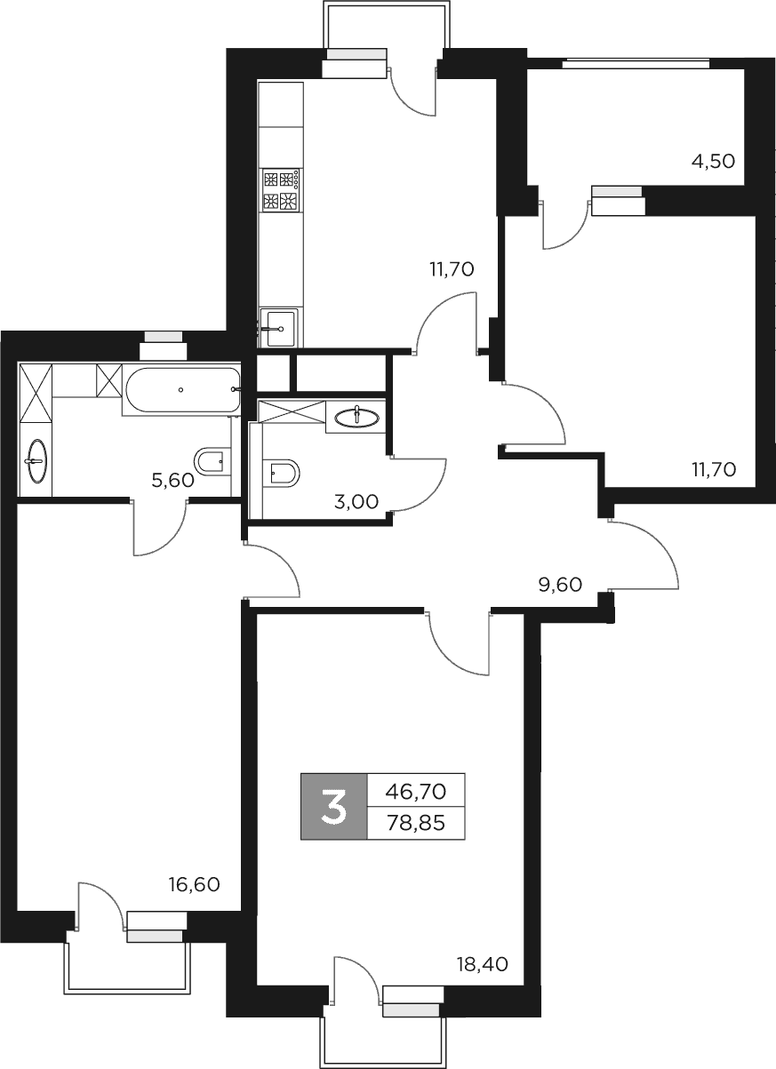 Планировка трёхкомнатная 78.85 м² в ЖК «Восток 2», корпус 7