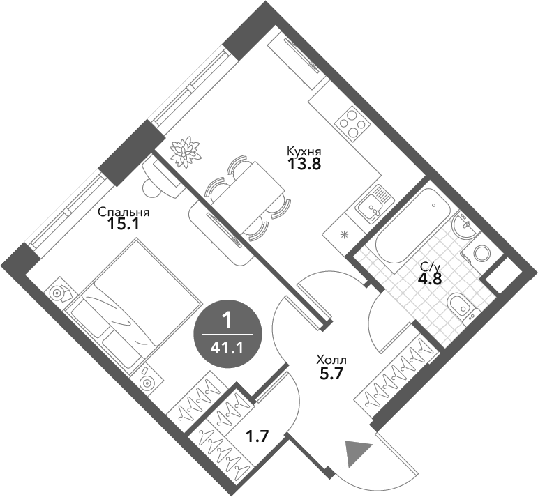 Планировка однокомнатная 41.1 м² в ЖК «Воксхолл», корпус 2