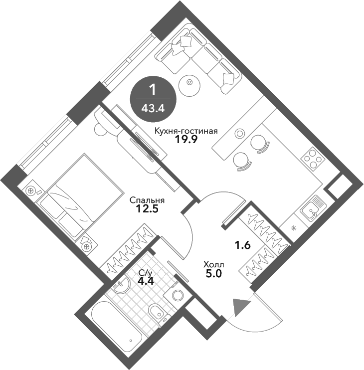 Планировка евродвушка (2Е) 43.4 м² в ЖК «Воксхолл», корпус 2