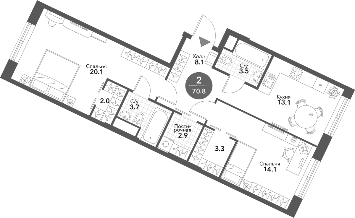 Планировка двухкомнатная 70.8 м² в ЖК «Воксхолл», корпус 3