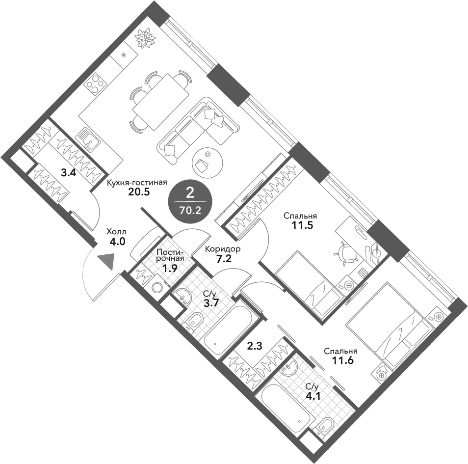 Планировка евротрёшка (3Е) 70.2 м² в ЖК «Воксхолл», корпус 3