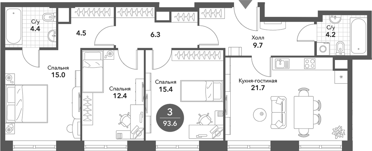 Планировка евро-4 (4Е) 93.6 м² в ЖК «Воксхолл», корпус 2