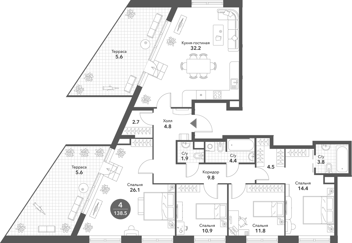 Планировка 5Е-к.кв 138.5 м² в ЖК «Воксхолл», корпус 2
