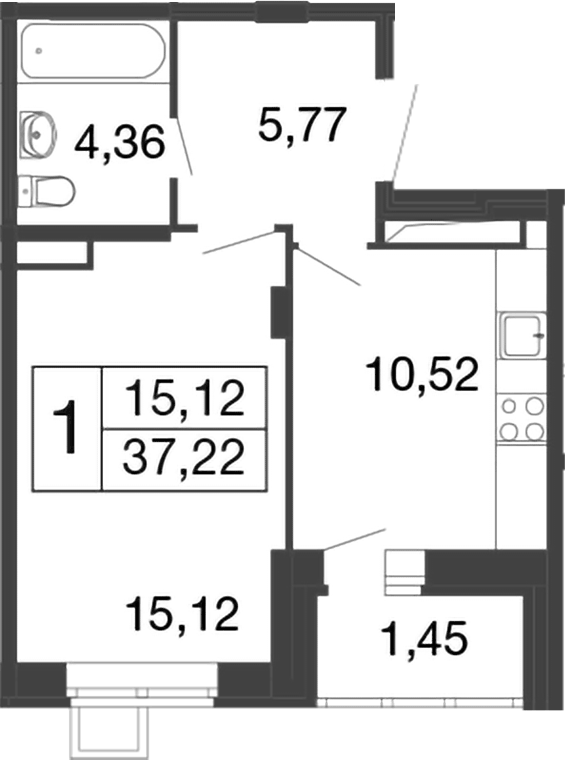 Планировка однокомнатная 37.22 м² в ЖК «Времена года», корпус 11