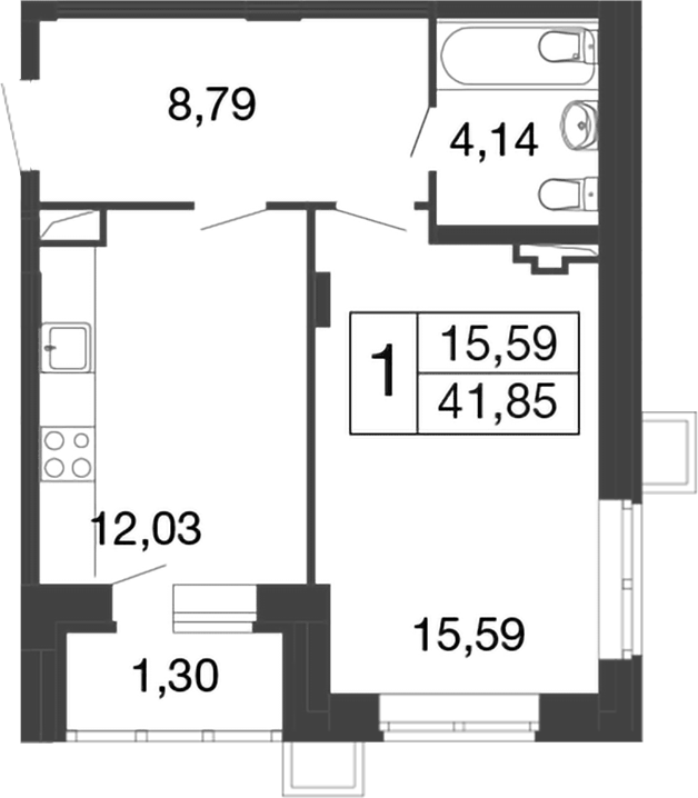 Планировка однокомнатная 41.85 м² в ЖК «Времена года», корпус 12