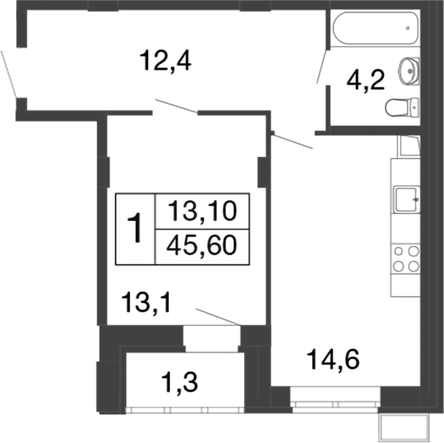 Планировка однокомнатная 45.6 м² в ЖК «Времена года», корпус 2