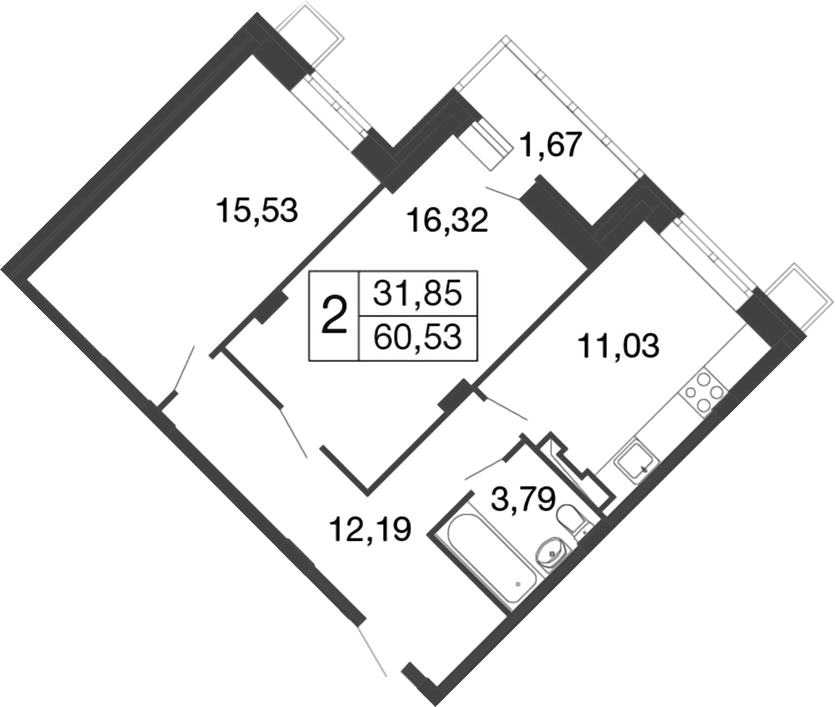 Планировка двухкомнатная 60.53 м² в ЖК «Времена года», корпус 11