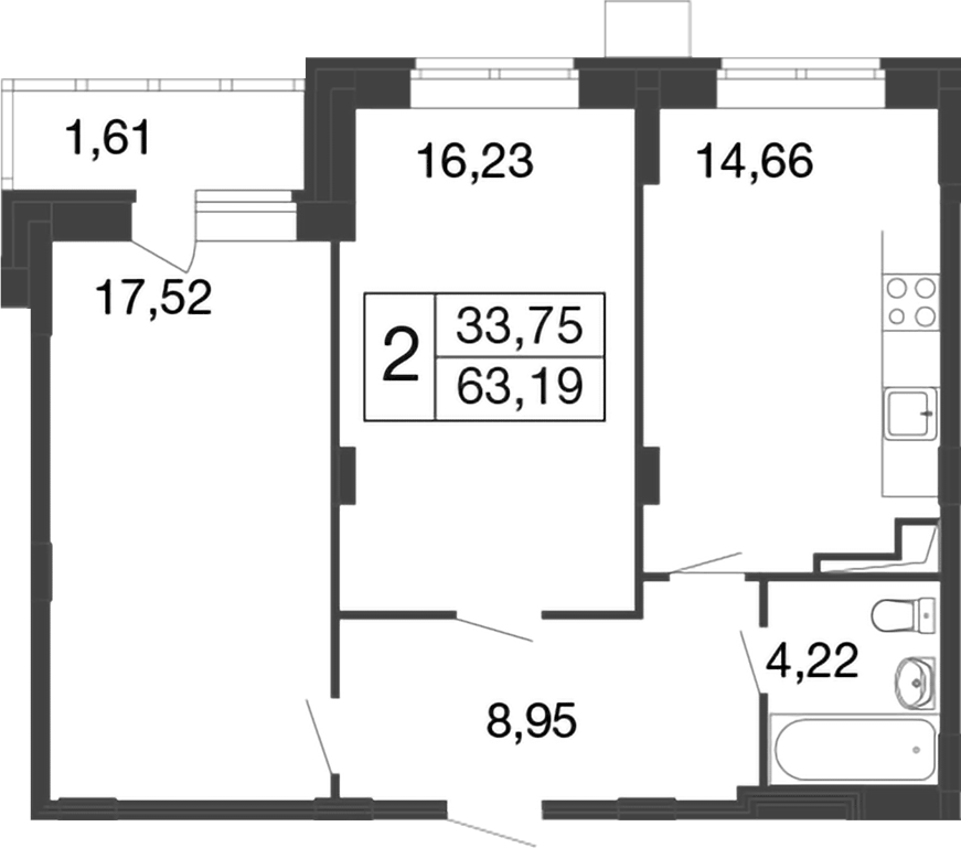 Планировка двухкомнатная 63.19 м² в ЖК «Времена года», корпус 12