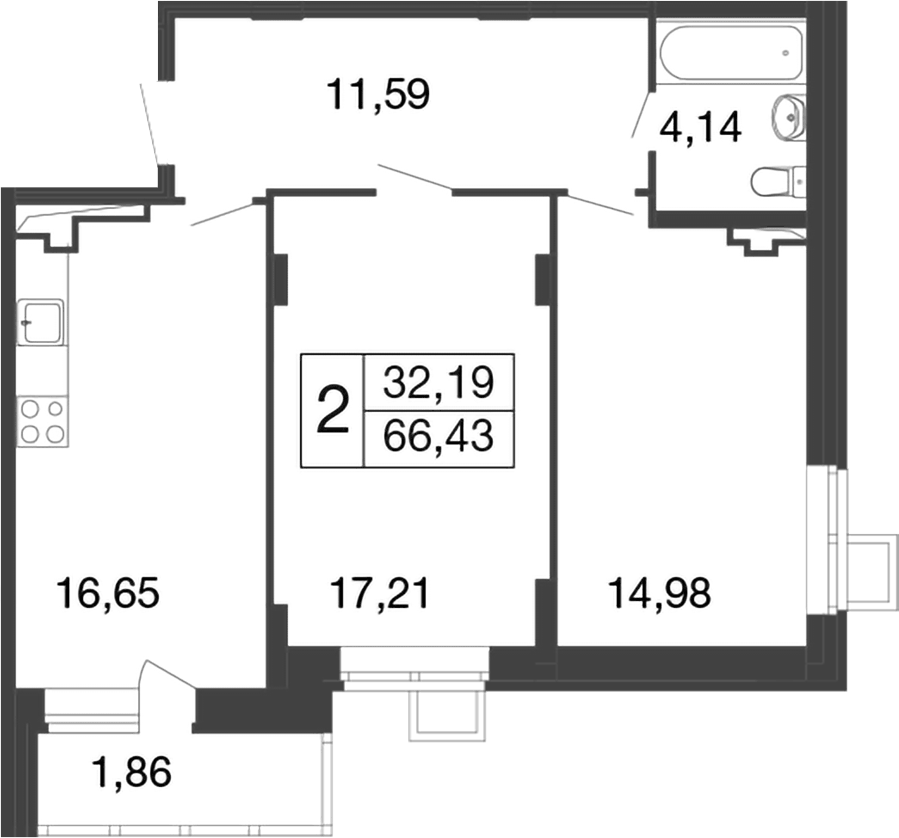 Планировка двухкомнатная 66.43 м² в ЖК «Времена года», корпус 12